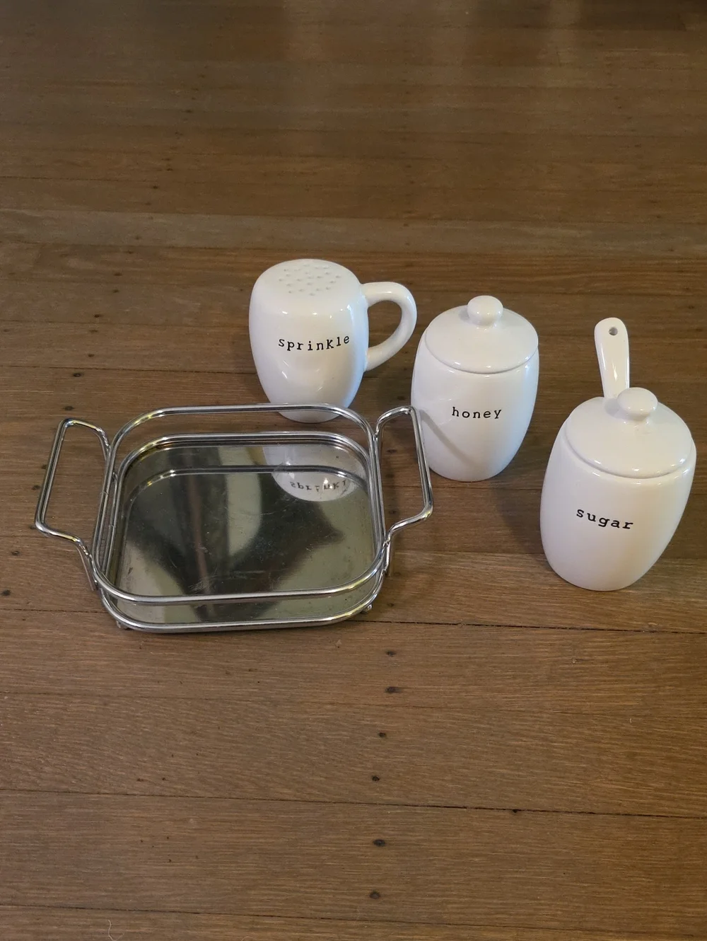 Pottery Barn Coffee House White Ceramic Sugar /Honey /Sprinkle Set with Tray